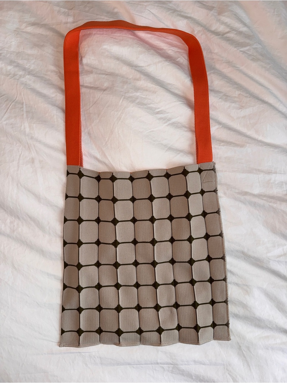 Beige Grid Knit Shoulder Bag with Orange Strap from Japan